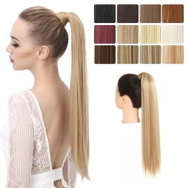 SARLA Ponytail Hair Extension Wrap Around Long Straight 24 Inch Synthetic Hairpiece for Women Golden Blonde/Beach Blonde
