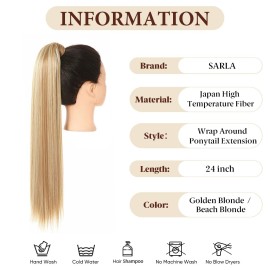 SARLA Ponytail Hair Extension Wrap Around Long Straight 24 Inch Synthetic Hairpiece for Women Golden Blonde/Beach Blonde SARLA Ponytail Hair Extension Wrap Around Long Straight 24 Inch Synthetic Hairpiece for Women Golden Blonde/Beach Blonde