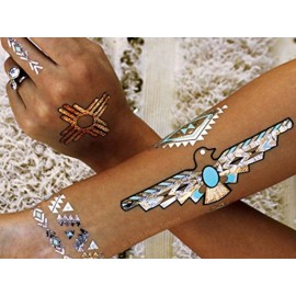 Flash Tattoos Desert Dweller X Child of Wild Authentic Metallic Temporary Tattoos 4 Sheet Pack (gold/silver/turquoise) - Includes Over 43 Premium Waterproof Tattoos