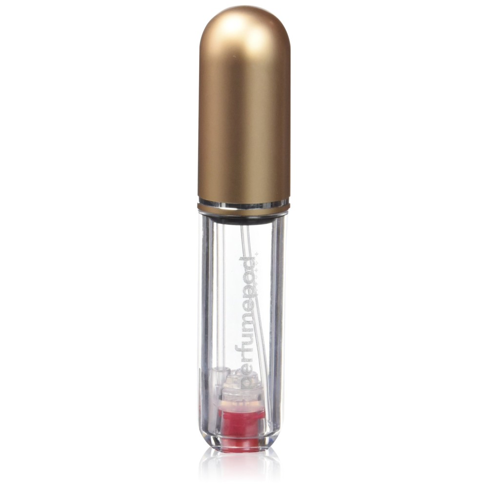 Travalo Pod Pure Perfume Atomizer - Leak-Proof and TSA Approved for Air Travel - Reusable and Airtight Easy-Fill Mini Pump Sprayer - Lightweight, Clear Body, Fun Colorful Lid - Gold 0.17oz