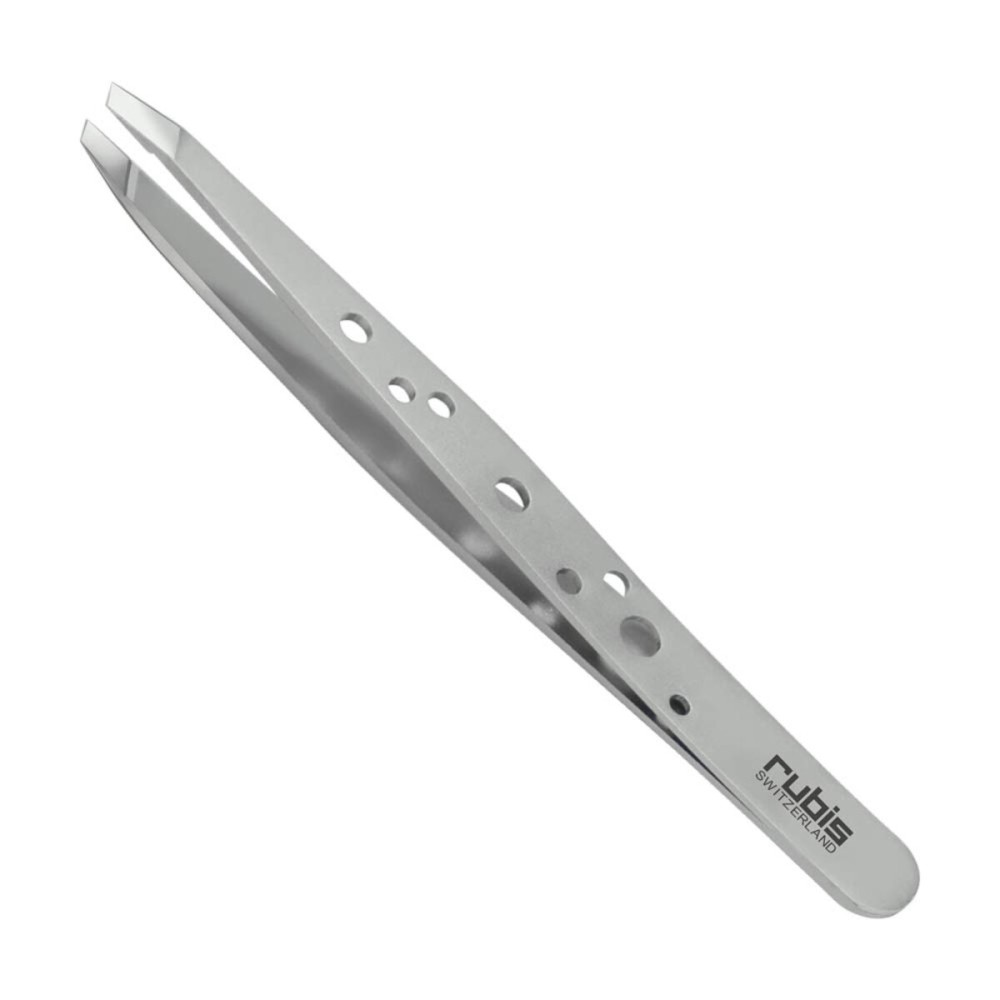 Rubis Hole Pattern Classic Stainless Steel Slanted Tweezers For Precise Eyebrows and Hair Removal, The Elegance Collection, 1K111,Silver,Rubis Switzerland Swiss Made World Renowned Precision