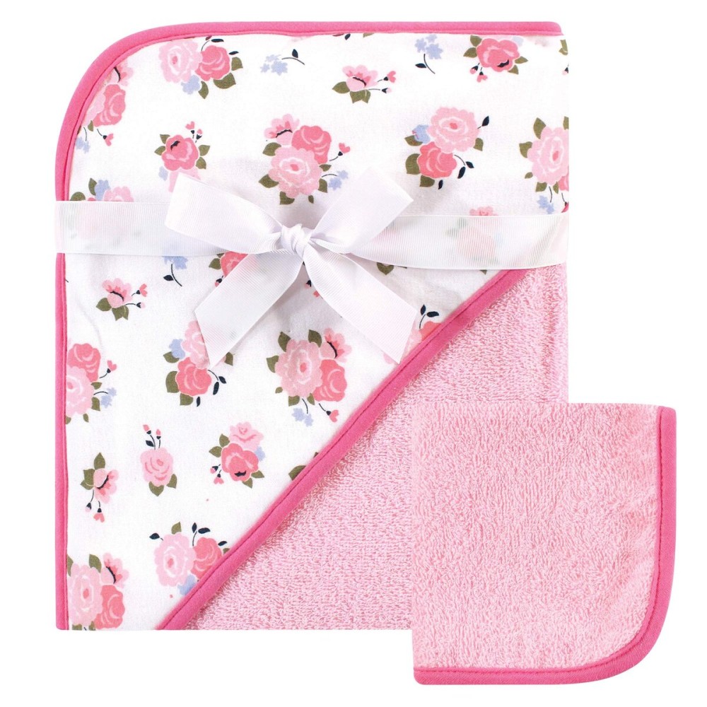 Luvable Friends Unisex Baby Cotton Hooded Towel and Washcloth, Floral, One Size
