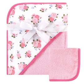 Luvable Friends Unisex Baby Cotton Hooded Towel and Washcloth, Floral, One Size