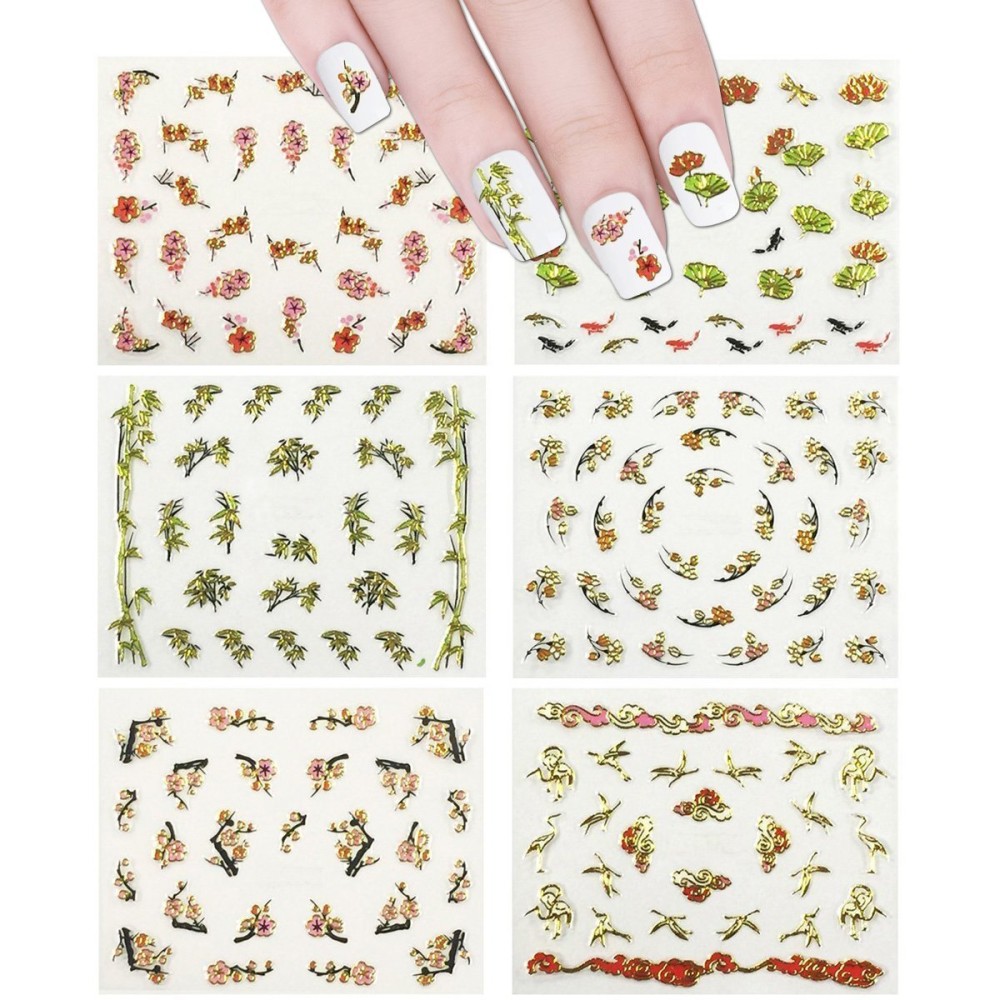 ALLYDREW 6 Sheets Asian Inspired Nail Stickers Nail Art Cherry Blossom Nail Stickers Fish Nail Art - Cherry Blossoms, Bamboos, Gingko Leaves, Koi, Dragonflies & Cranes (6 Designs)