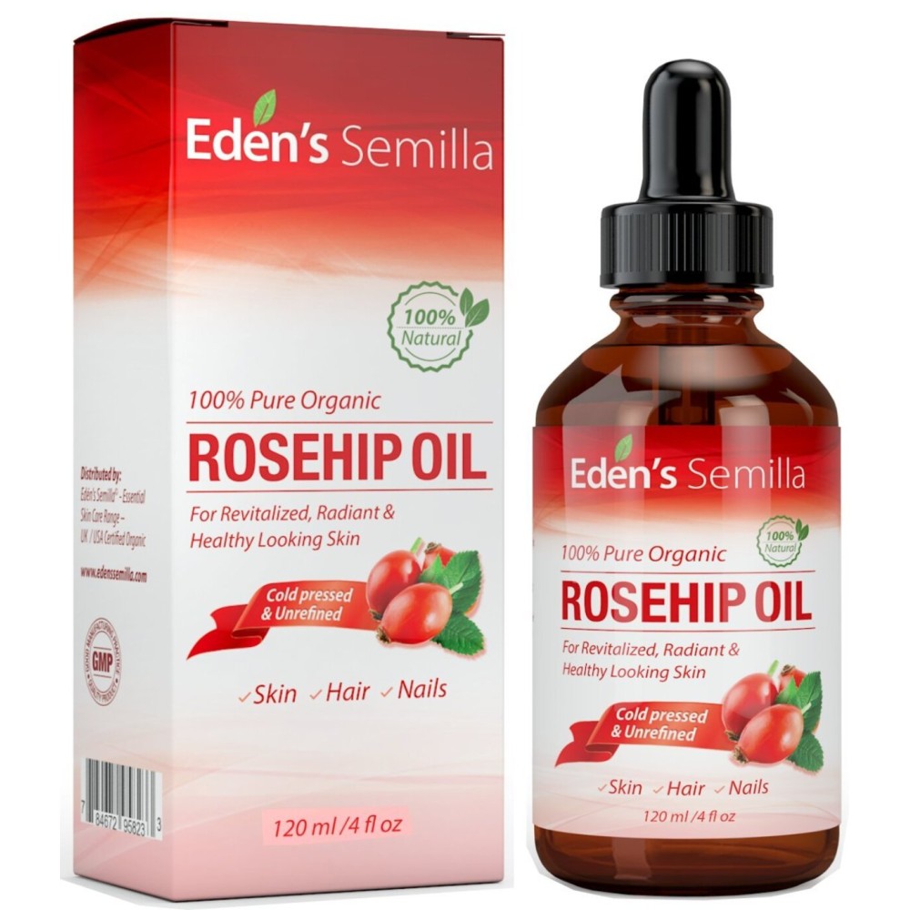 100% Pure Rosehip Oil - 4 OZ - Certified ORGANIC - Cold pressed & unrefined - NON Greasy HIGH absorbency - Use daily - nourishes, hydrates and visibly reduces fine lines, scars, stretch marks and skin