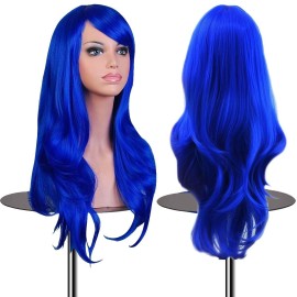 EmaxDesign Wigs 28 inch Wavy Curly Cosplay Wig With Wig Cap and Comb (Dark Blue)
