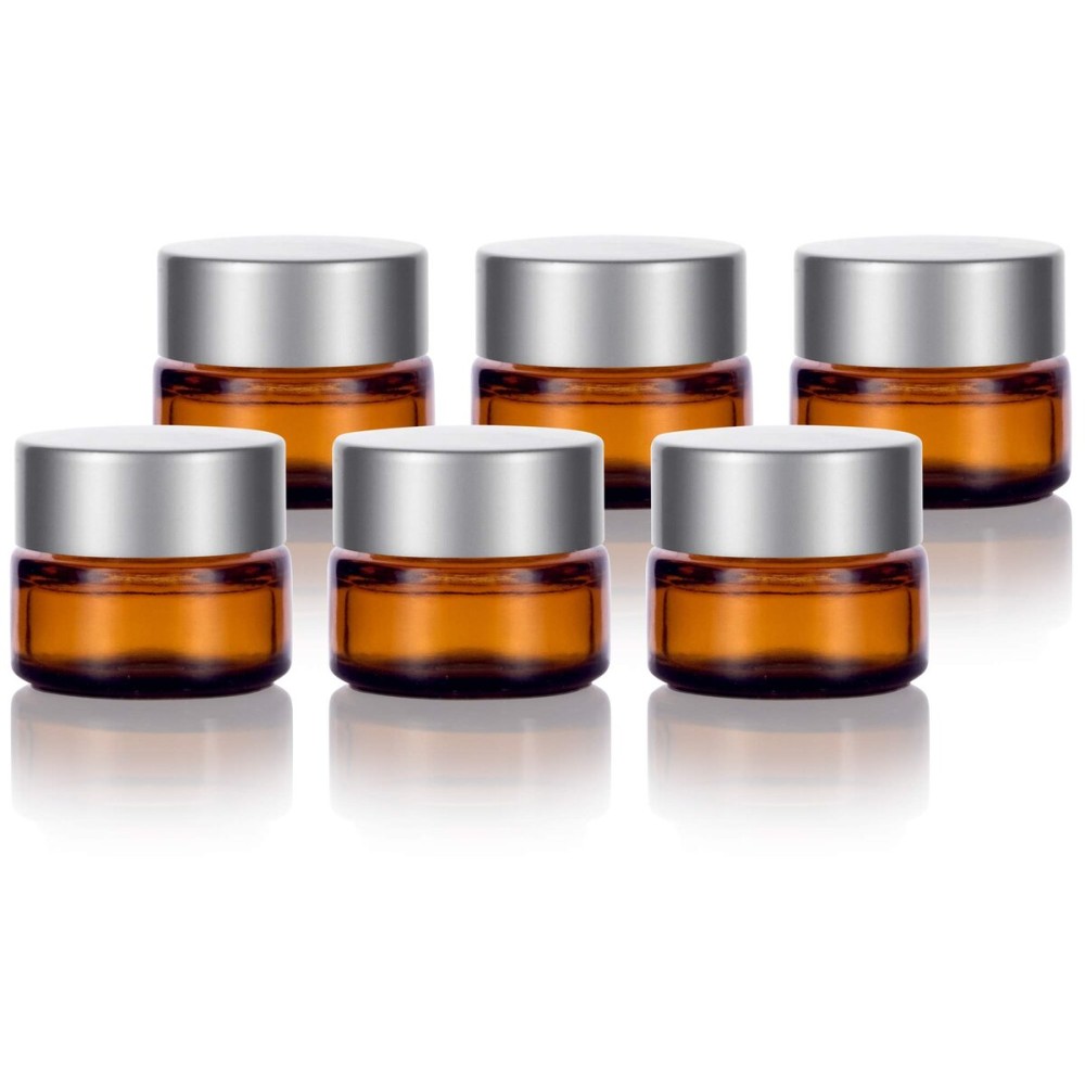 (6 pack) 5 ml 1/6 oz Amber Glass Balm Jars with Silver Matte Smooth Lids