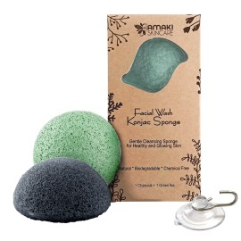 AMAKI SKINCARE Konjac Sponge Facial Cleanser with Added Green Tea and Activated Bamboo Charcoal-Sensitive to Oily and Acne Prone Skin Gentle Face Scrub, Face Sponges for Cleansing and Exfoliating AMAKI SKINCARE Konjac Sponge Facial Cleanser with Added Green Tea and Activated Bamboo Charcoal-Sensitive to Oily and Acne Prone Skin Gentle Face Scrub, Face Sponges for Cleansing and Exfoliating