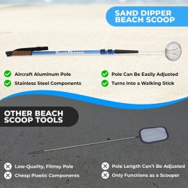 Sand Dipper Full Size Beach Scoop Shovel & Sifter Tool for Beachcombing - Adjustable Sea Glass, Shell, Shark Tooth Sifter for the Beach - Can Be Used as a Walking or Hiking Stick Too - Pink, 4 Basket