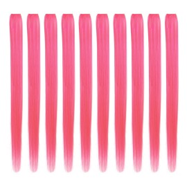 OneDor 23 Inch Colored Party Highlights Straight Hair Clip Extensions, Heat-Resistant Synthetic Hair Extensions in Multiple Colors (10 Pcs Pink)