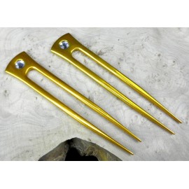 JWL HAWNKOA PRODUCTS (2) Anodized Aluminum Two Prong Straight 6 Hair Forks Unbreakable Waterproof Pick Pic Pin Comb Hawaiian Style (Gold)