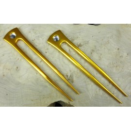 JWL HAWNKOA PRODUCTS (2) Anodized Aluminum Two Prong Straight 6 Hair Forks Unbreakable Waterproof Pick Pic Pin Comb Hawaiian Style (Gold)