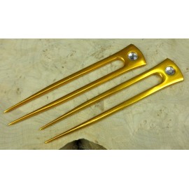 JWL HAWNKOA PRODUCTS (2) Anodized Aluminum Two Prong Straight 6 Hair Forks Unbreakable Waterproof Pick Pic Pin Comb Hawaiian Style (Gold)