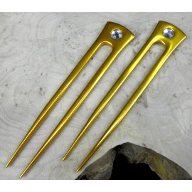 JWL HAWNKOA PRODUCTS (2) Anodized Aluminum Two Prong Straight 6 Hair Forks Unbreakable Waterproof Pick Pic Pin Comb Hawaiian Style (Gold)