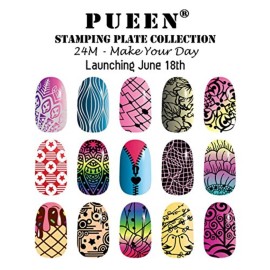 PUEEN Nail Art Stamp Collection Set 24M - Make Your Day - 24 Unique Nail Art Image Plates (144 Images) with Storage Case - Stainless Steel Plates with Protective Nylon Screen