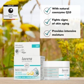 lavera Basis Sensitive Anti Wrinkle Moisturizing Cream - Face Cream with Q10 & Aloe Vera - Moisturizing Facial Cream - Anti Aging Cream - PETA Certified - Vegan - Made in Germany - 1.7 Fl Oz