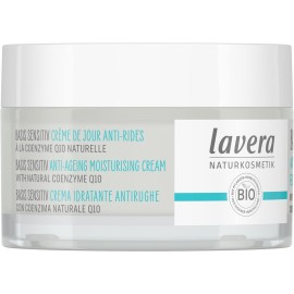 lavera Basis Sensitive Anti Wrinkle Moisturizing Cream - Face Cream with Q10 & Aloe Vera - Moisturizing Facial Cream - Anti Aging Cream - PETA Certified - Vegan - Made in Germany - 1.7 Fl Oz