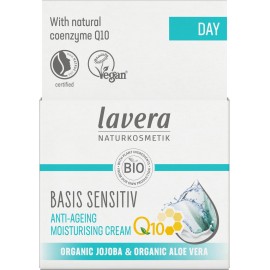 lavera Basis Sensitive Anti Wrinkle Moisturizing Cream - Face Cream with Q10 & Aloe Vera - Moisturizing Facial Cream - Anti Aging Cream - PETA Certified - Vegan - Made in Germany - 1.7 Fl Oz
