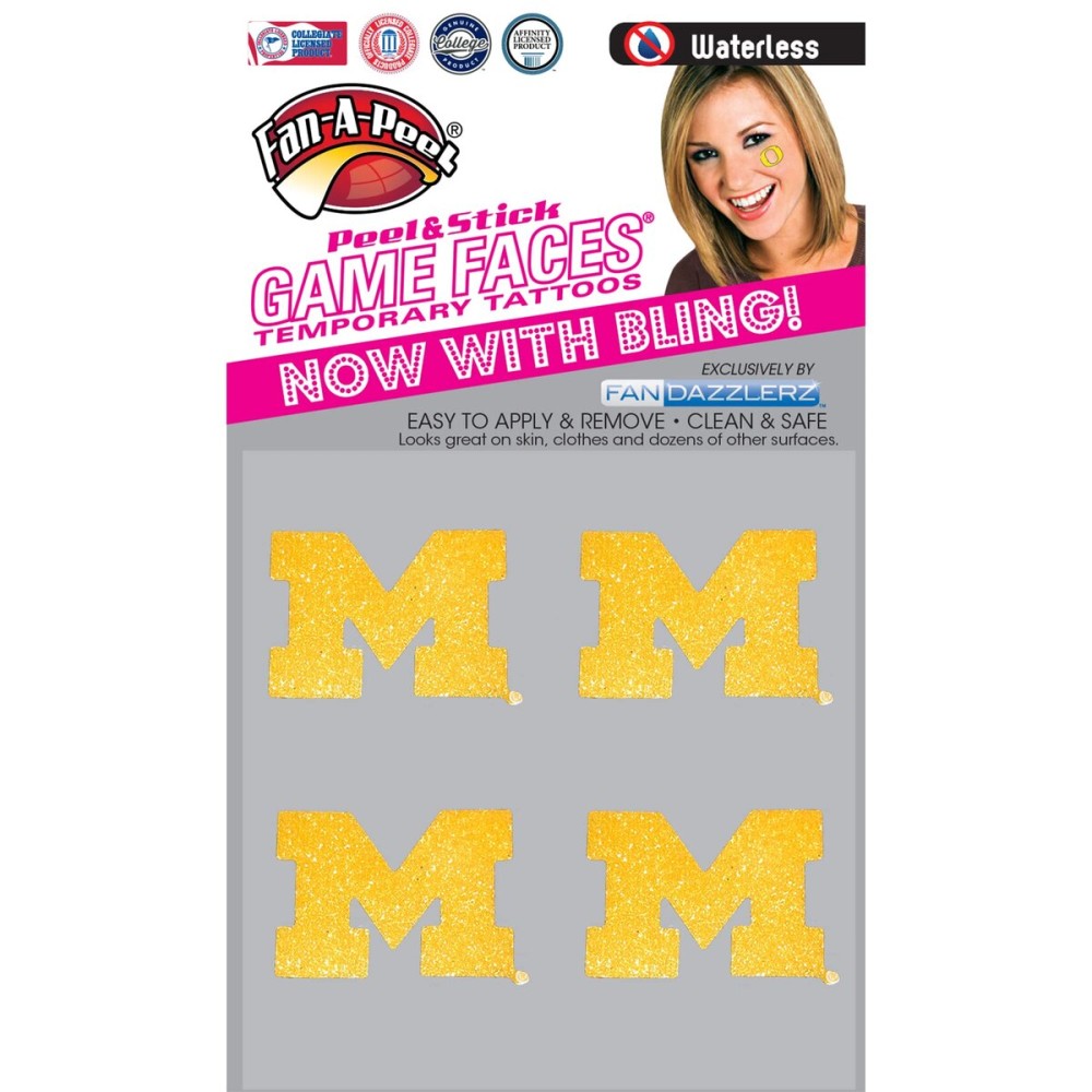 Fan-A-Peel Michigan Waterless Temporary Tattoos - Hypoallergenic Peel and Stick Waterproof Temporary Tattoos, Glitter - Officially Licensed