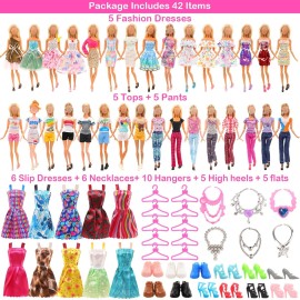 BARWA 42 Pack Doll Clothes and Accessories 5 PCS Fashion Dresses 5 Tops 5 Pants Outfits 6 PCS Mini Dresses 10 Shoes 6 Necklace 10 Hangers for 11.5 inch Doll
