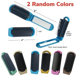 ALAZCO 2 Assorted Colors Folding Hair Brush With Mirror Compact Pocket Size Travel Car Gym Bag Purse Locker Swimming Camping Sleepover Gift and more
