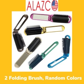 ALAZCO 2 Assorted Colors Folding Hair Brush With Mirror Compact Pocket Size Travel Car Gym Bag Purse Locker Swimming Camping Sleepover Gift and more