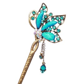 YOY Fashion Long Hair Decor Chinese Traditional Style Women Girls Hair Stick Hairpin Hair Making Accessory with Butterfly,Peacock Blue