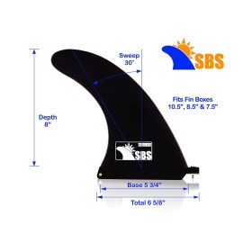 SBS 8 Longboard & SUP Single Fin - Free No Tool Screw - 8 Inch Center Fin for Surfboard & Paddleboard