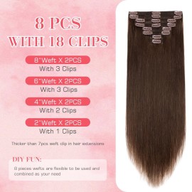 S-noilite Clip in Hair Extensions Real Human Hair Medium Brown Human Hair Extensions Clip Ins 18 Inch 8pcs 140g Straight Real Hair Extensions Clip in Human Hair Double Weft 4