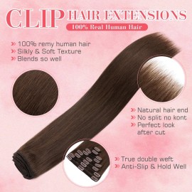 S-noilite Clip in Hair Extensions Real Human Hair Medium Brown Human Hair Extensions Clip Ins 18 Inch 8pcs 140g Straight Real Hair Extensions Clip in Human Hair Double Weft 4