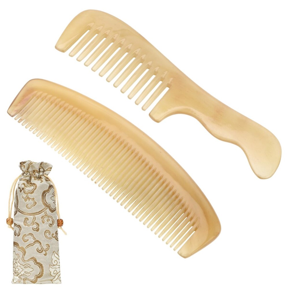 kilofly Genuine No Static Natural Sheep Horn Comb [Set of 2] + Carrying Pouch