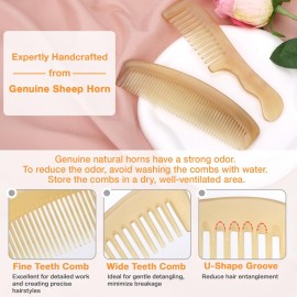 kilofly Genuine No Static Natural Sheep Horn Comb [Set of 2] + Carrying Pouch