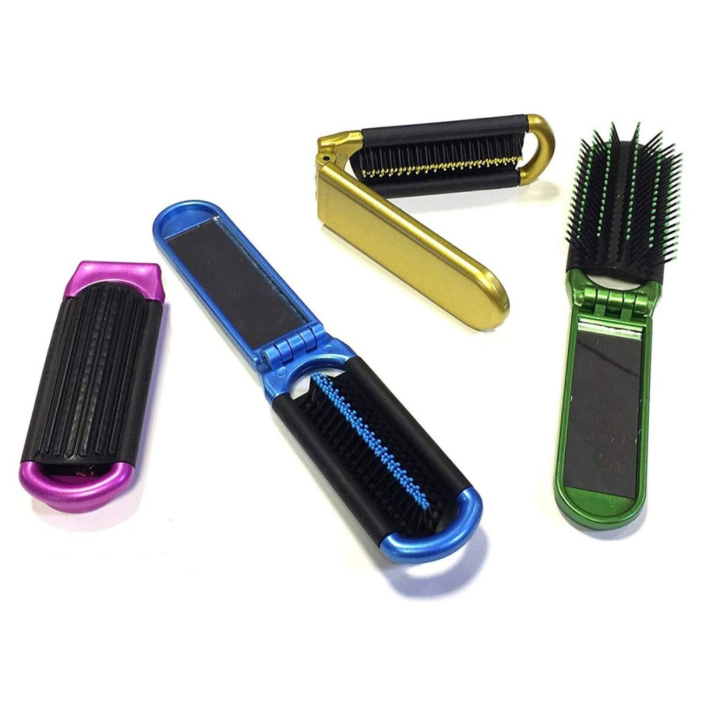 4 Assorted Colors ALAZCO Folding Hair Brush With Mirror Compact Pocket Size Travel Car Gym Bag Purse Locker Swimming Camping Sleepover Gift and more