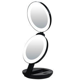 VrHere MirriM LED Lighted Travel Makeup Magnifying Mirror,Magnifies 10x and 1x, Luxury Double Side and Folding Pocket Vanity/Cosmetic Mirror (Black)