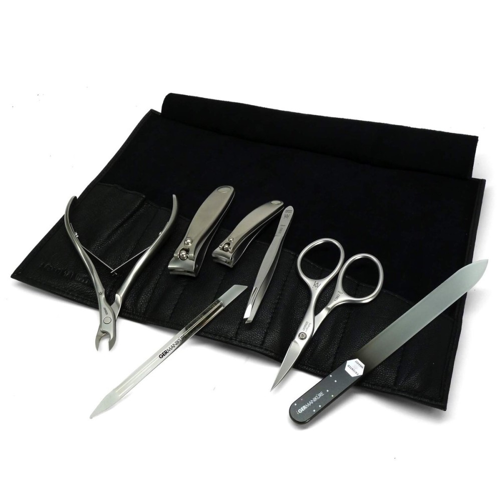 GERMANIKURE 7pc Manicure Set in Black Leather Case - FINOX Stainless Steel Tools Made in Germany, Glass Nail Care Supplies Made in Czech Republic - Professional Cuticle and Nail Care Kit