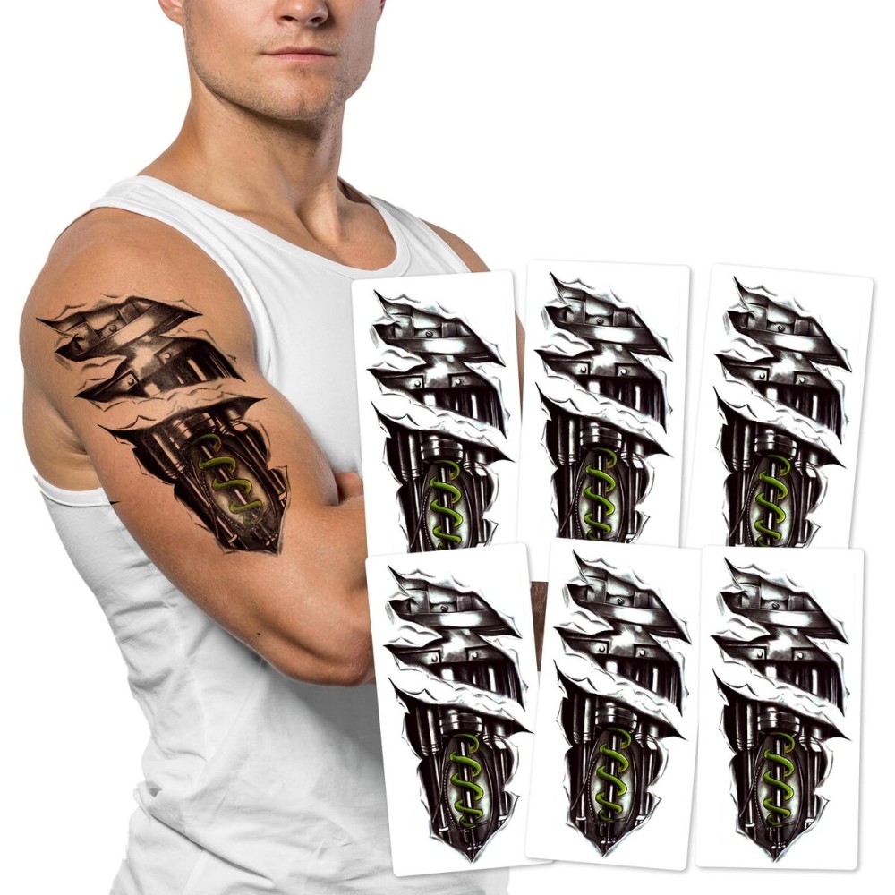 6-Sheet Mechanical Arm Temporary Tattoos for Men Women and Teens - Realistic Waterproof Fake Tattoos for Halloween Cosplay Festivals and Parties