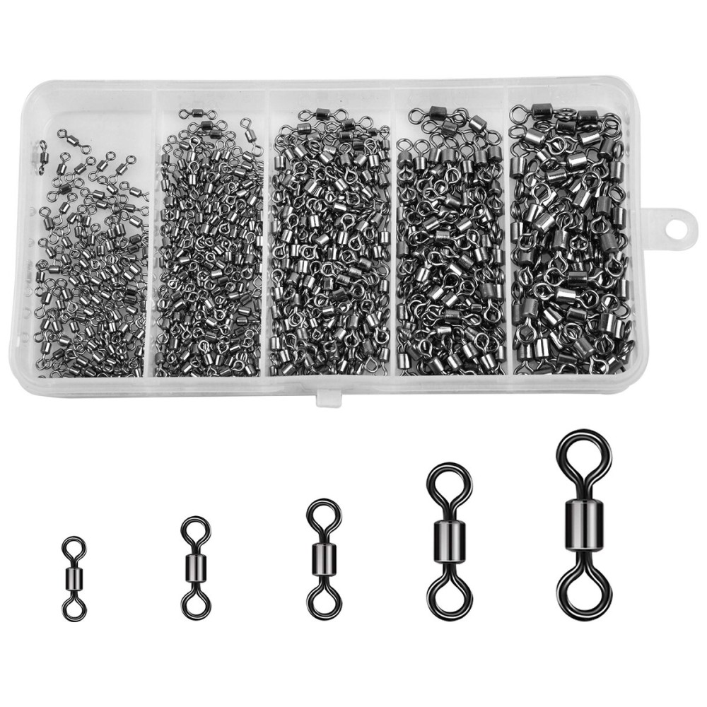 Barrel Fishing Swivels Kit 500pcs Rolling Swivels Fishing Tackle Saltwater Heavy Duty Fishing Line Connectors Black Stainless Steel Bearing Swivels for Saltwater Freshwater 30-97Lbs