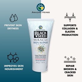 Amazing Herbs Black Seed Miracle Skin Repair Cream - Non-Allergenic Formula, Black Cumin Seed Oil, Vitamin E, and Other Essential Oils Support Collagen & Elastin Production - 6 Fl Oz