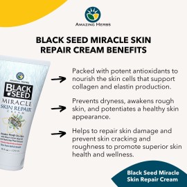 Amazing Herbs Black Seed Miracle Skin Repair Cream - Non-Allergenic Formula, Black Cumin Seed Oil, Vitamin E, and Other Essential Oils Support Collagen & Elastin Production - 6 Fl Oz