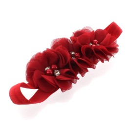 My Lello Baby Flower Headbands Fabric Beaded Trio Stretchy Elastic Pair (Red/White)