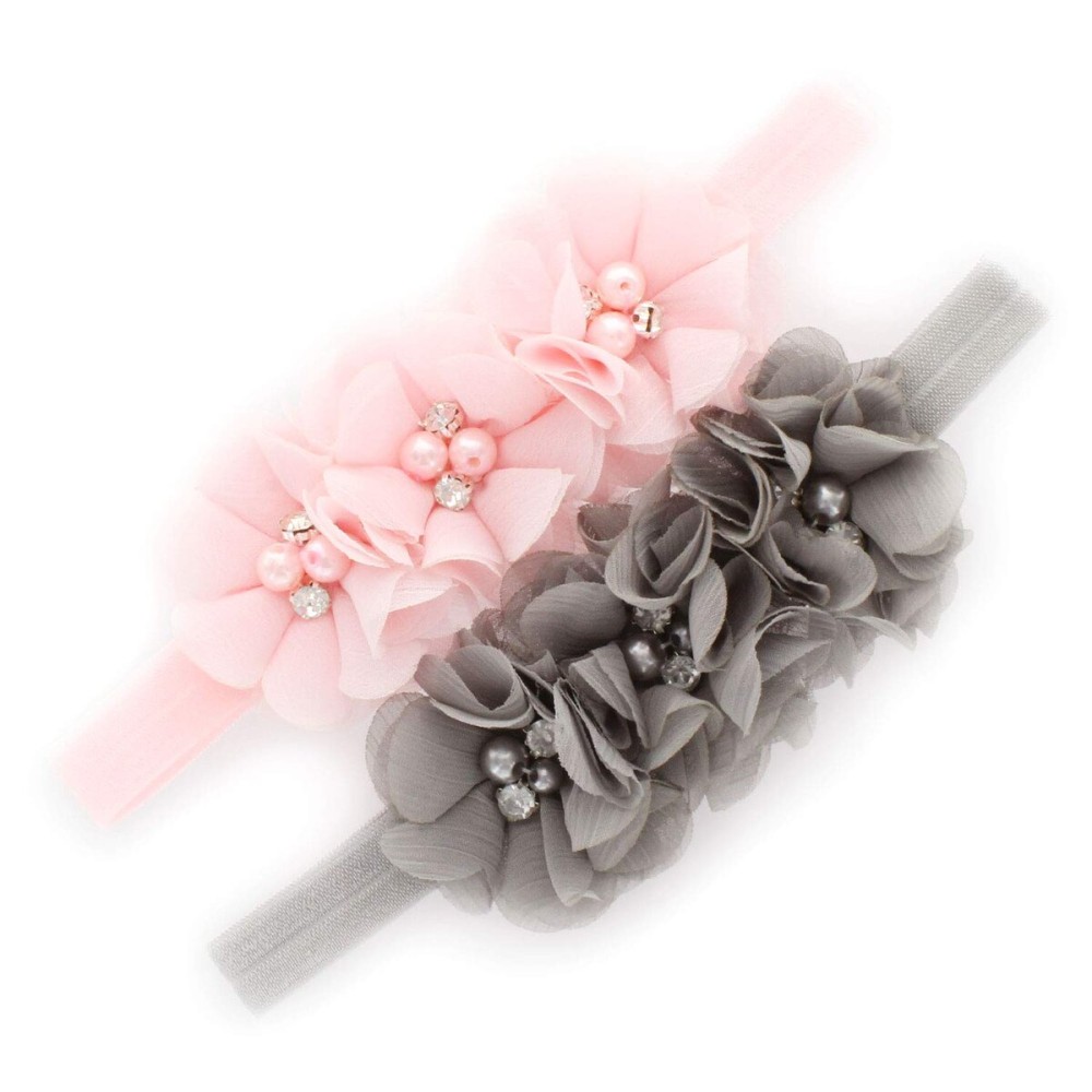 My Lello Baby Flower Headbands Fabric Beaded Trio Stretchy Elastic Pair (Light Pink/Gray)