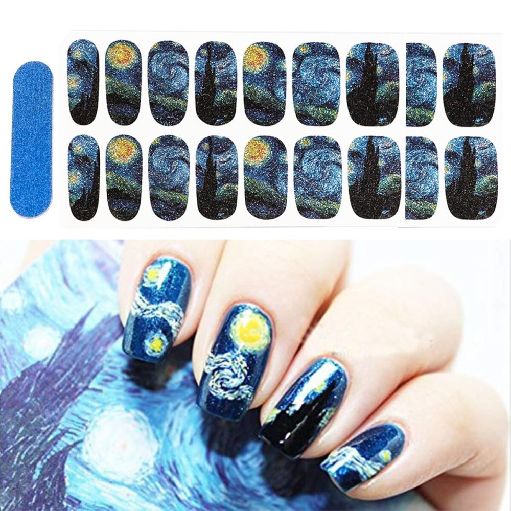 3D Van Gogh\'s Starry Night Fullnail Stickers, Full Nail Starry Sky Art Gel Nail Polish Sticker Decals, Shimmery Glittery, Long Lasting, Easy to Apply & Remove - 2 Sheets(28 Nail Wraps) and 1 File 3D Van Gogh\'s Starry Night Fullnail Stickers, Full Nail Starry Sky Art Gel Nail Polish Sticker Decals, Shimmery Glittery, Long Lasting, Easy to Apply & Remove - 2 Sheets(28 Nail Wraps) and 1 File