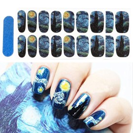 3D Van Gogh\'s Starry Night Fullnail Stickers, Full Nail Starry Sky Art Gel Nail Polish Sticker Decals, Shimmery Glittery, Long Lasting, Easy to Apply & Remove - 2 Sheets(28 Nail Wraps) and 1 File