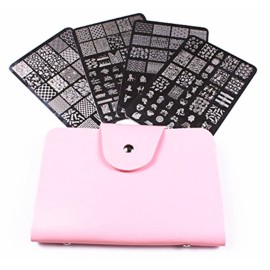 FingerAngel 4PCS XL Stamping Nail Art Plates with 1stamper,1scraper and 1 Pcs Pink Stamping Plate Organizer