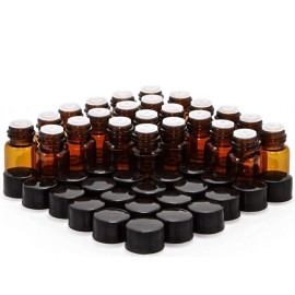 ELFENSTALL 50Pcs 2ml Oil Bottles for Essential Oils (5/8 Dram) Amber Glass Vials Bottles, with Orifice Reducers and Black Caps