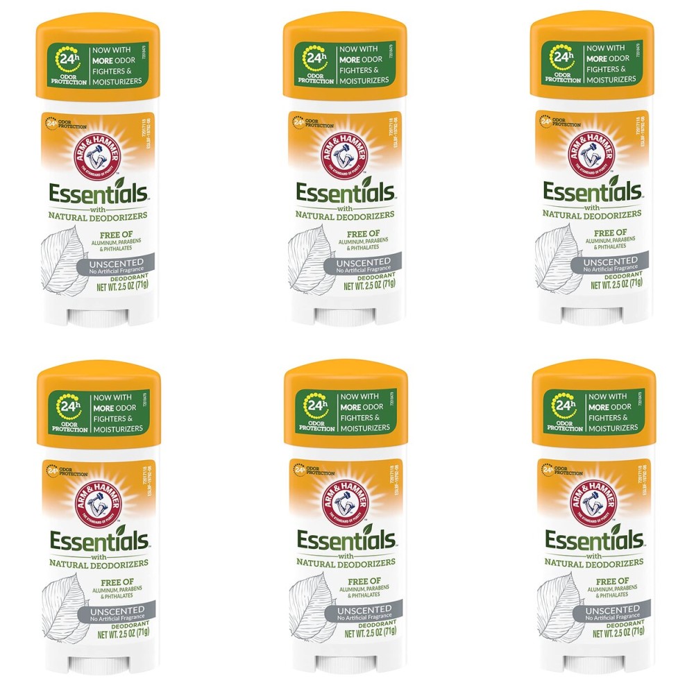 Arm & Hammer Essentials Solid Deodorant, Unscented,2.5 oz, 6 Count