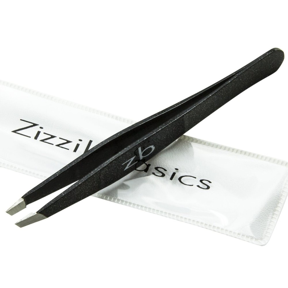 Tweezers - Surgical Grade Stainless Steel - Slant Tip for Expert Eyebrow Shaping and Facial Hair Removal - with Protective Pouch - Best Tweezer for Men and Women (Black)