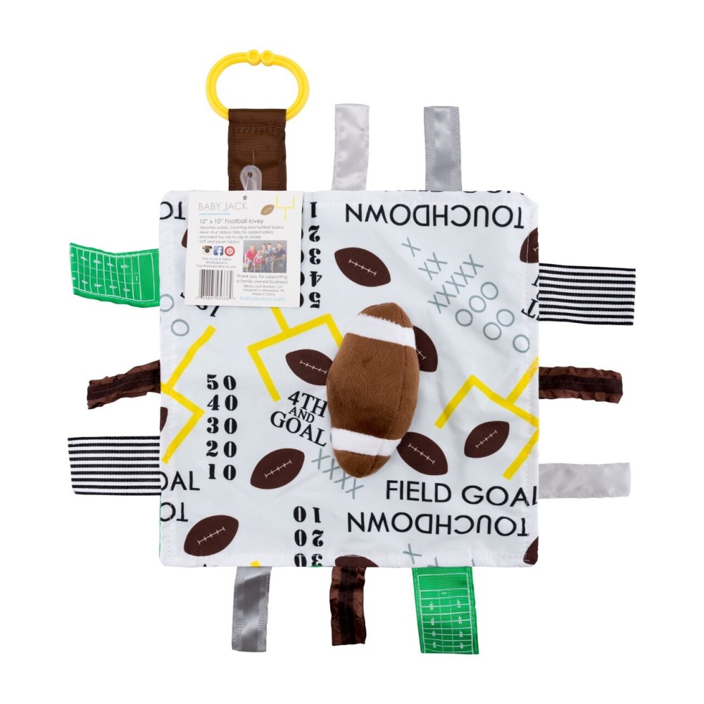 Baby Jack & Co 10x10 Football Sports Lovey Sensory Plush Blanket - Tag Toys for Babies - Baby Stroller Toys - Learn Shapes, Letters & Colors - MVP Baby Ball Toy & Baby Sports Gift