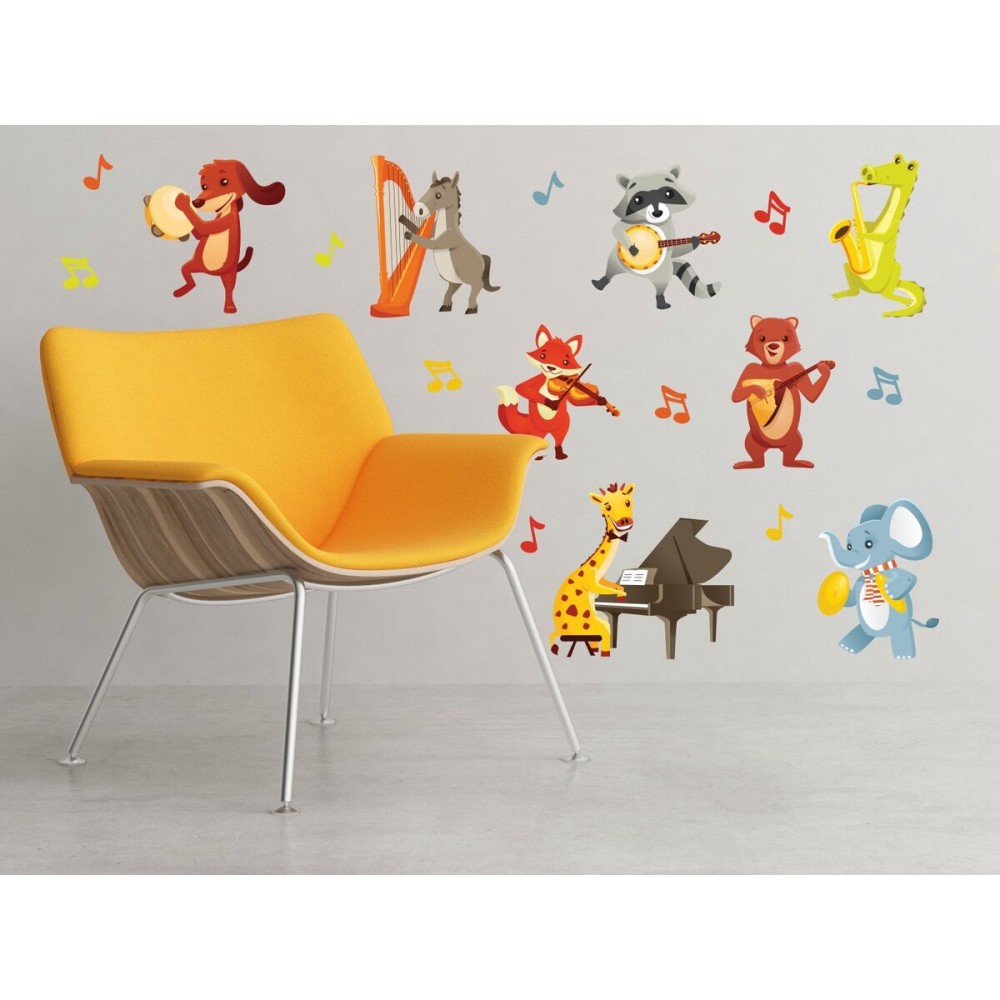 Musical Animals Fabric Wall Decals - Set of 8 Animals Playing Instruments - Dog, Horse, Elephant, Giraffe, Fox, Bear, Raccoon, and Alligator - Removable, Reusable, Respositionable