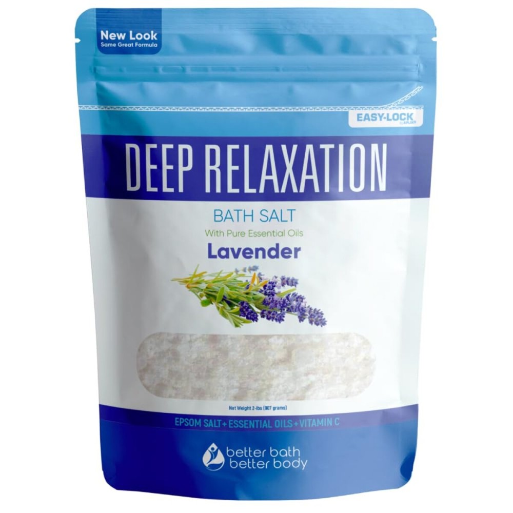 Deep Relaxation Bath Salt 32 Ounces Epsom Salt with Natural Lavender Essential Oil Plus Vitamin C in BPA Free Pouch with Easy Press-Lock Seal Deep Relaxation Bath Salt 32 Ounces Epsom Salt with Natural Lavender Essential Oil Plus Vitamin C in BPA Free Pouch with Easy Press-Lock Seal